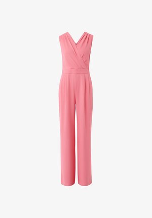Pink jumpsuit with a V-neckline, pleats at the waistband, and wide-leg design. Made of smooth fabric with a back zip closure.