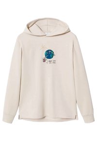 Felpa con cappuccio beige in tessuto morbido con una grafica di un pianeta che beve una bevanda, con testo sottostante: "Ho davvero bisogno di raffreddarmi."