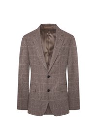 Hnědý sáčko s kostkovaným vzorem houndstooth, se zářezovými klopami, dvěma knoflíky a bočními kapsami. Podšívka v jednobarevné hnědé barvě.