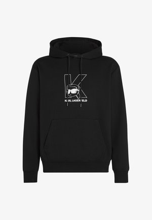 Must kapuutsiga pusa, millel on ees kängurutasku, paelad ning valge graafiline logo stiilse tekstiga ja illustratsiooniga.