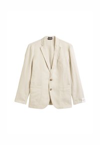 Beige Leinen-Blazer mit Reverskragen, einer Brusttasche, zwei Vorderaschen und Zwei-Knopf-Verschluss, mit lässiger Passform und strukturiertem Stoff.