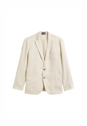 Beige linnen blazer met een geplooid revers, een enkele borstzak, twee voorzakken en een sluiting met twee knopen, met een ontspannen pasvorm en een gestructureerde stof.