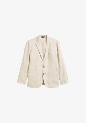 Blazer en lin beige avec un revers cranté, une poche poitrine simple, deux poches avant et une fermeture à deux boutons, offrant une coupe décontractée et un tissu texturé.