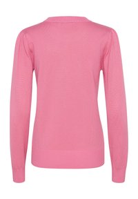 Rozā džemperis ar garām piedurknēm, ribotām apkaklēm un aprocēm, gludu adījumu un taisnu apakšmalu. Rādīta aizmugures skats.