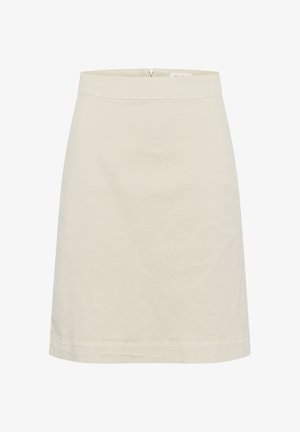 O fustă din bumbac, de lungime până la genunchi, de culoare bej deschis, cu o textură fină, având un design simplu și un închizător ascuns la spate.