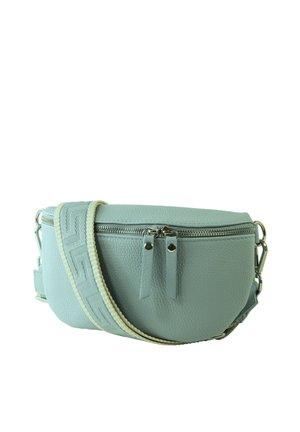Lichtblauwe leren crossbodytas met zilverkleurige ritssluitingen en een brede verstelbare band met een geometrisch patroon.