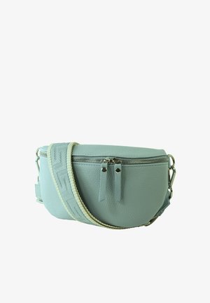 Light blue leather crossbody bag with silver zipper closures and a wide adjustable strap featuring a geometric pattern.