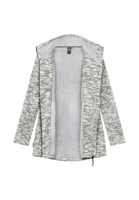 Grå melerad hoodiejacka med en mjuk, texturerad insida, långa ärmar, öppen framsidan och justerbar dragsko i fållen.