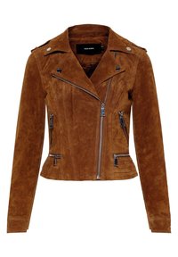 Bruine suède motorjack met een slim fit ontwerp, ritssluiting aan de voorkant, zijzakken en drukknopen op de kraag en schouders.