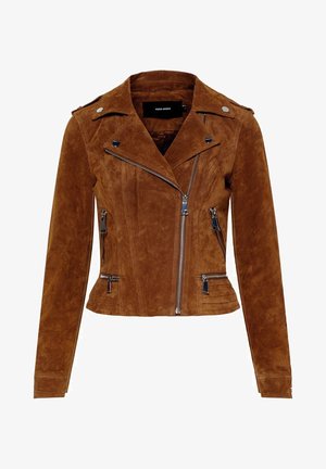 Ruskea mokkajakku, jossa on muotoiltu design, vetoketjullinen etuosa, sivutaskut ja napitusyksityiskohtia kauluksessa ja harteilla.