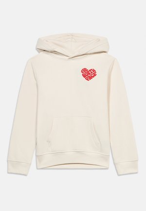 Krēmkrāsas džemperis ar kapuci un priekšējo kabatu, augšējā kreisajā krūtīs sarkans "The North Face" logotips.