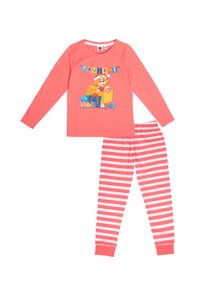 Coral long-sleeve pajama top features a graphic of a bear with gifts; paired with striped coral and white elastic waist pants.