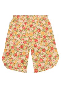 Shorts floraux en tissu léger, avec une base beige pastel ornée d'un motif coloré de fleurs rouges, jaunes et vertes. Taille élastique.