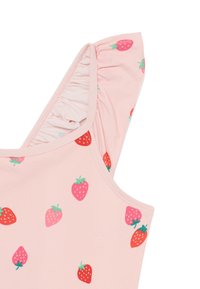 Rosa simtop med jordgubbstryck. Designen inkluderar volangdetaljer på axlarna och en åtsittande halsringning för en tät passform.