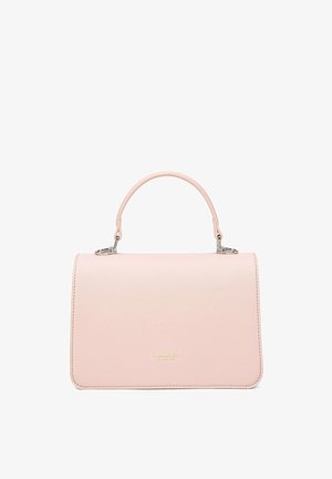 Borsa strutturata rosa in pelle sintetica, con manico superiore e accessori metallici. Design semplice con logo impresso.