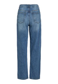 Jean en denim bleu à jambes larges avec une taille haute, poches arrière et une texture légèrement délavée. Ourlets nets et détails de couture robustes.