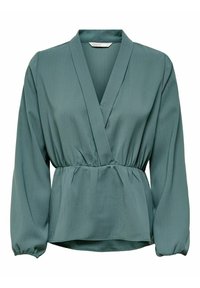 Teal bluse lavet af letvægtsstof med indpakningsdesign, lange ærmer, elastisk talje og V-udskæring. Glat tekstur med subtile striber.