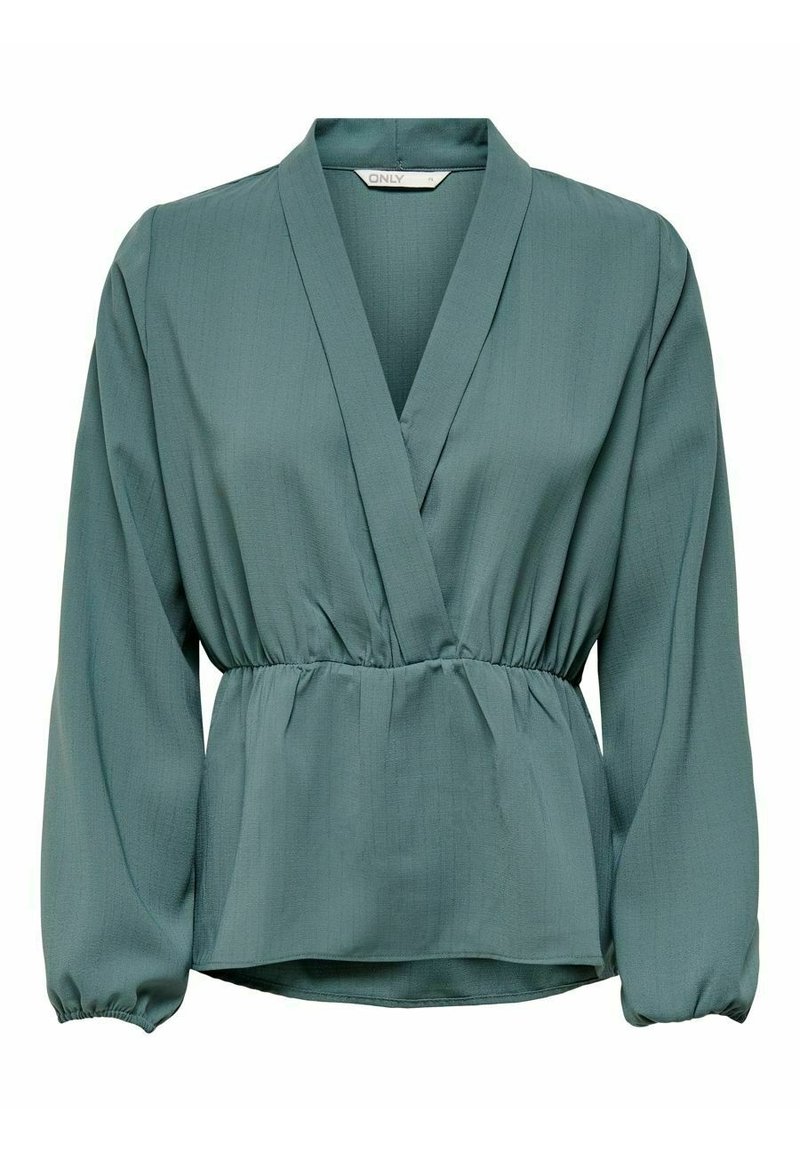 Teal bluse lavet af letvægtsstof med indpakningsdesign, lange ærmer, elastisk talje og V-udskæring. Glat tekstur med subtile striber.