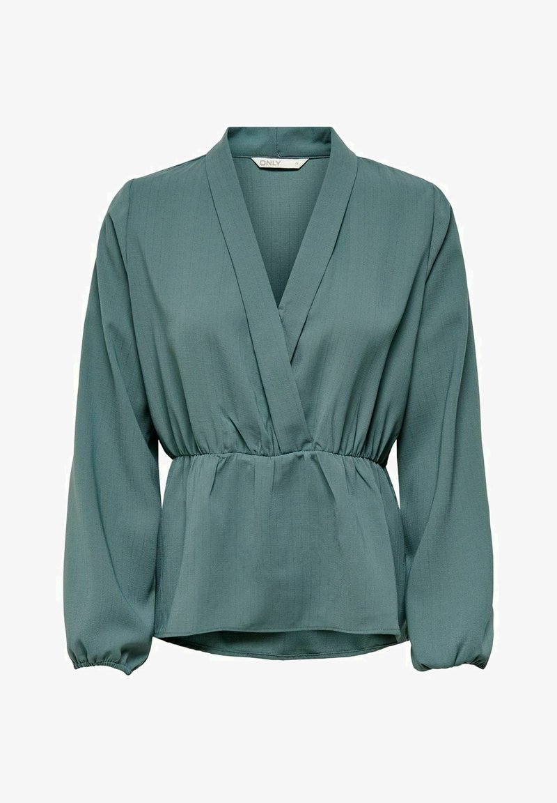 Teal bluse lavet af letvægtsstof med indpakningsdesign, lange ærmer, elastisk talje og V-udskæring. Glat tekstur med subtile striber.
