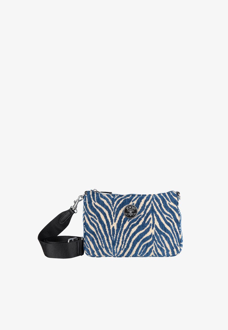 Borsa in tessuto a righe zebra blu e beige con tracolla regolabile nera e badge logo metallico circolare al centro.