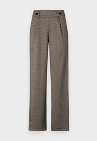 Kalhoty s houndstooth vzorem v hnědé a krémové barvě, s vysokým pasem, dvěma předními skladbami a dekorativními knoflíky na pase.