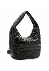 Borsa a tracolla nera trapuntata dalla forma hobo arrotondata, con finitura lucida e una larga tracolla. Presenta zip e dettagli decorativi con bottoni.
