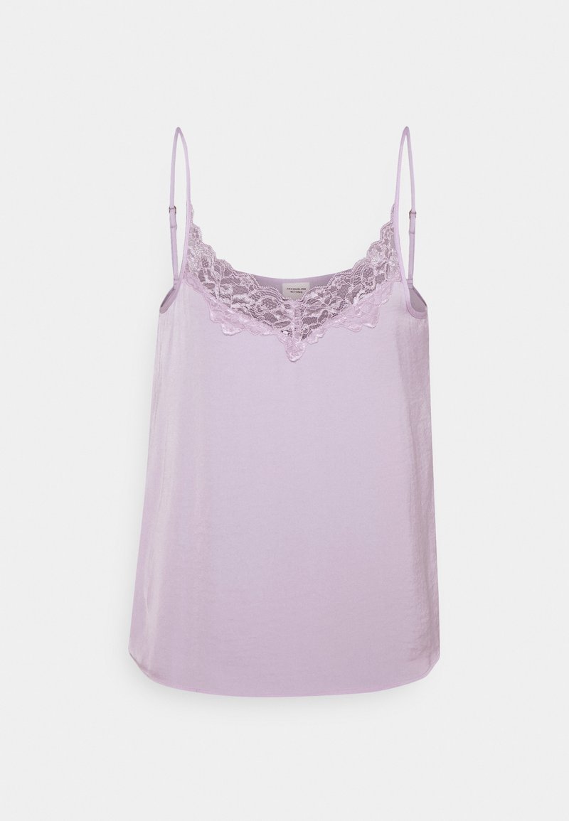 Camisola lilla con pizzo al collo, spalline regolabili e finitura in tessuto semi-trasparente e liscia.