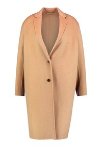 Lys beige uldblanding frakke med spids revers, oversized form, enkelt sort knaplukning og ingen synlige lommer.