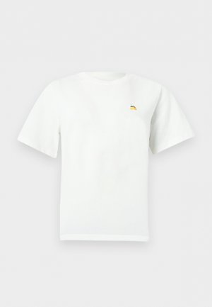 Wit t-shirt met korte mouwen, ronde hals en een kleine gele citroengrafiek op de linkerborst.