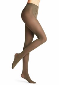 Collant opachi di un verde oliva scuro, con una trama liscia e elastica e una vita elastica, progettati per aderire perfettamente alle gambe.