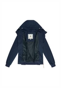 Navy blue hooded jacket with open front revealing black patterned inner lining and ragwear brand label inside collar.