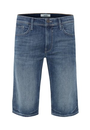 Short en jean bleu jusqu’aux genoux, avec braguette à boutons, passants de ceinture, poches avant et délavage.