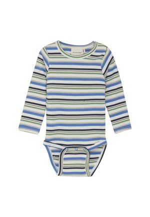 Randig långärmad bodysuit med blå, grön och svart horisontella ränder på en vit ribbad tyg. Tryckknappsstängning i botten.