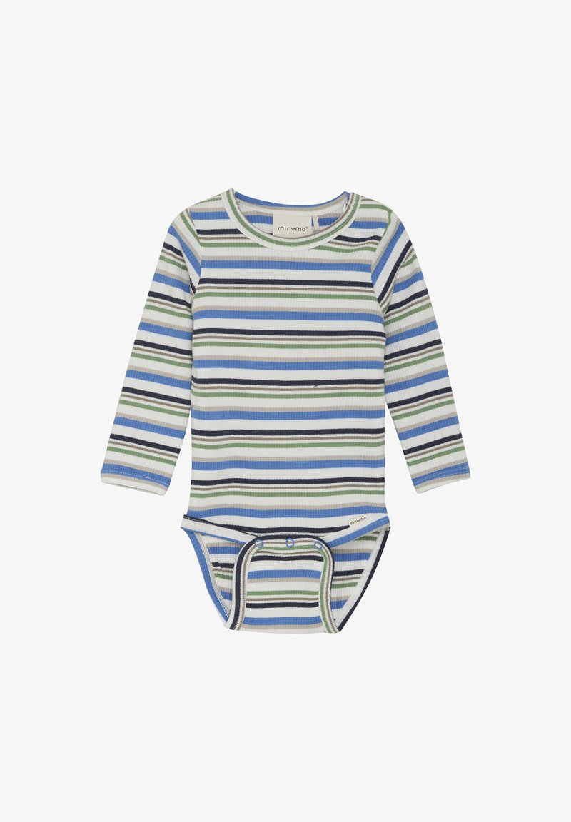 Body à manches longues rayé présentant des bandes horizontales bleu, vert et noir sur un tissu côtelé blanc. Fermeture à pressions en bas.