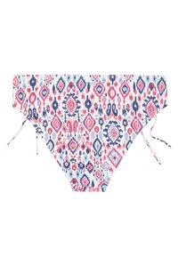 Maudytų bikini apačia su daugiakampiu raštu, kuriame dominuoja rožinė, mėlyna ir violetinė spalvos. Pagaminta iš lygaus audinio, su šoninėmis virvutėmis, leidžiančiomis reguliuoti dydį.