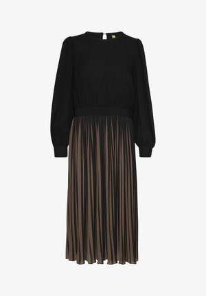 Musta mekko, jossa on pitkät puff-hihat, laskostettu ruskea alaosa, joustava vyötärö, pyöreä pääntie ja avainreikäyksityiskohta takana.