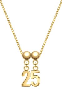 Gold necklace featuring a chain with two round beads above the number "25" in a bold, rounded font. Smooth texture, polished finish.