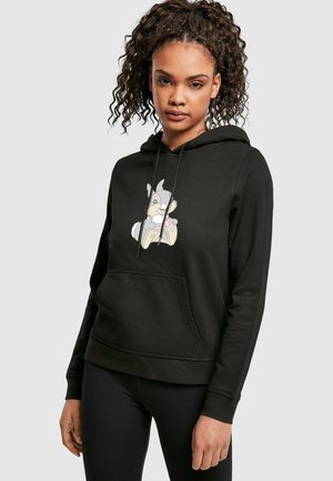 Black hoodie made of cotton blend, featuring a kangaroo pocket, drawstring hood, and cartoon rabbit graphic on the front.