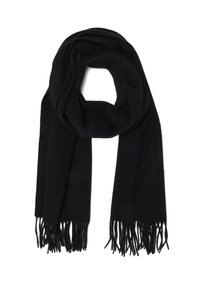 Sciarpa nera in tessuto morbido, con lunghe frange ai bordi. Il design è semplice, senza motivi, per un aspetto classico e versatile.