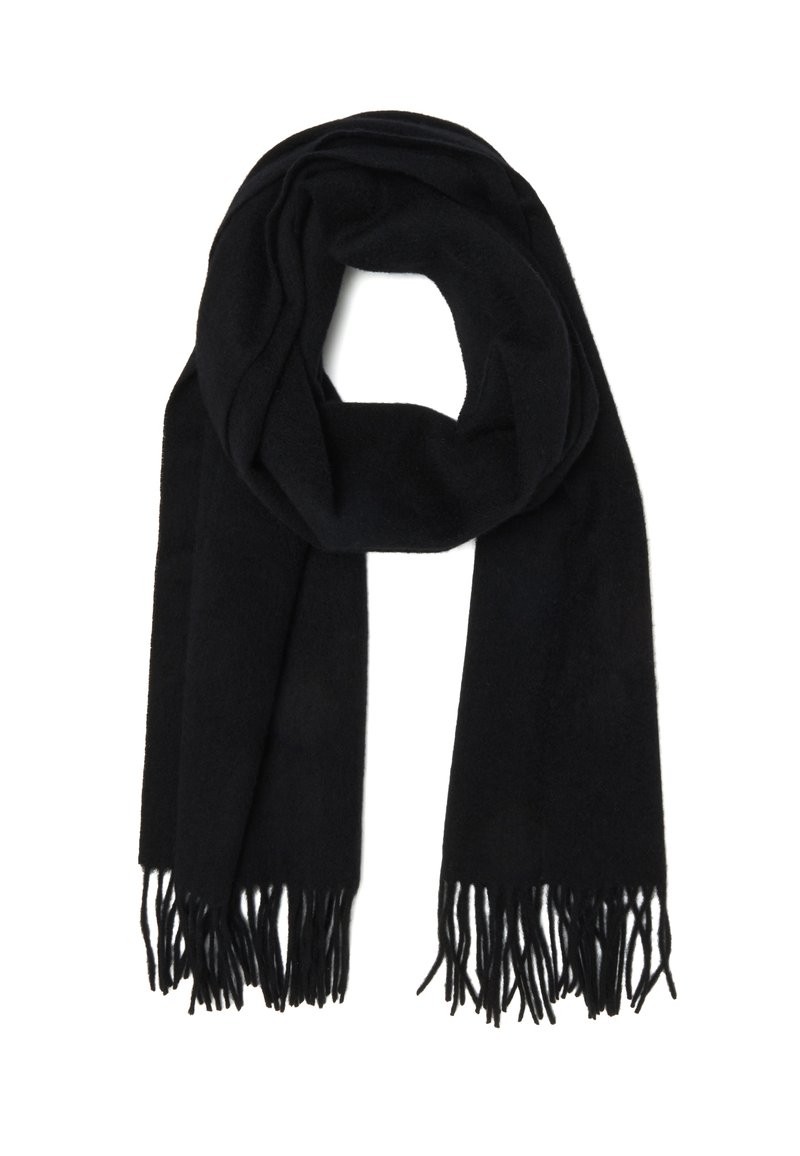 Sciarpa nera in tessuto morbido, con lunghe frange ai bordi. Il design è semplice, senza motivi, per un aspetto classico e versatile.