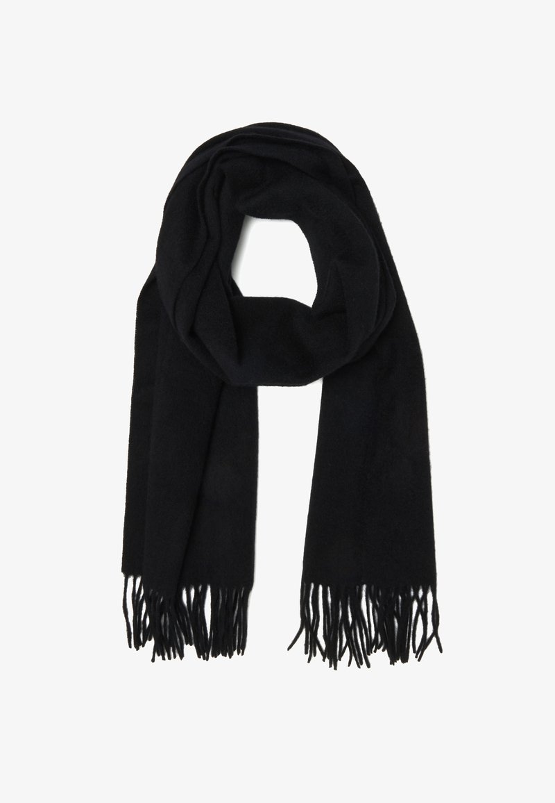 Sciarpa nera in tessuto morbido, con lunghe frange ai bordi. Il design è semplice, senza motivi, per un aspetto classico e versatile.