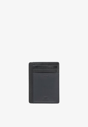 Black leather card holder with four card slots, embossed logo, sleek design, smooth texture, and RFID protection symbol.
