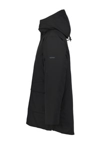 Parka nera di lunghezza media con cappuccio, tasca con zip sulla manica e tasche a patta sul davanti, vista di lato.