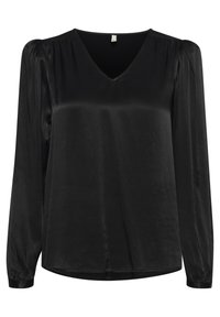 Černý dlouhý rukáv top vyrobený z hladkého, saténovému materiálu. Má výstřih do V a nabírané rukávy s nařasenými manžetami.