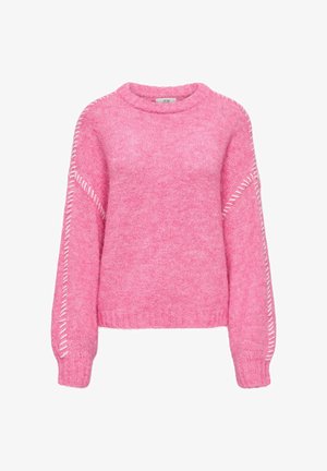 Maglione rosa lavorato a maglia con scollatura tonda, vestibilità comoda e accenti decorativi ricamati lungo le maniche. Texture morbida, maniche lunghe.
