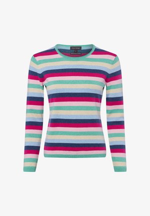 Pull rayé à manches longues en coton biologique, présentant des bandes alternées de rose, bleu, vert et marine. Encolure arrondie et poignets côtelés.