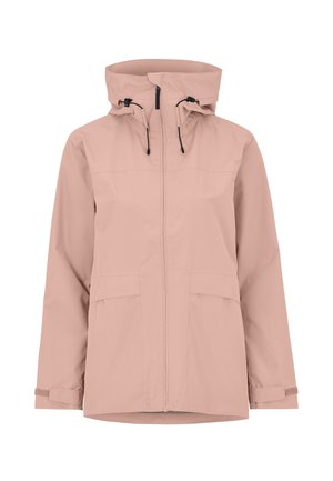 Hellrosa Kapuzen-Regenjacke mit Frontreißverschluss, verstellbaren Kordeln an der Kapuze, Klappentaschen und Klettverschlüssen an den Bündchen.