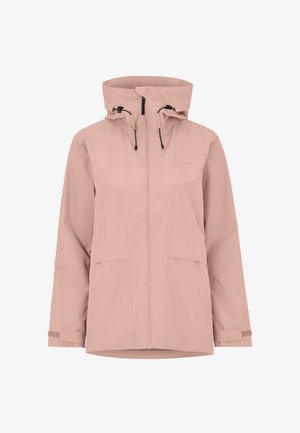 Hellrosa Kapuzen-Regenjacke mit Frontreißverschluss, verstellbaren Kordeln an der Kapuze, Klappentaschen und Klettverschlüssen an den Bündchen.
