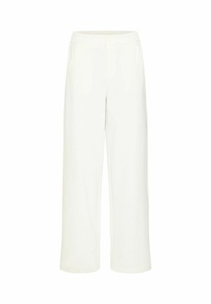 Pantalones blancos de pierna ancha con una tela suave, cinturilla elástica y dos bolsillos laterales. Diseño simple y minimalista sin patrones.