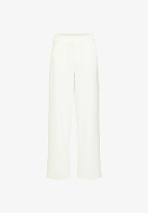 Breddebenede, hvide bukser med et glat stof, elastisk talje og to sidelommer. Enkel, minimalistisk design uden mønstre.